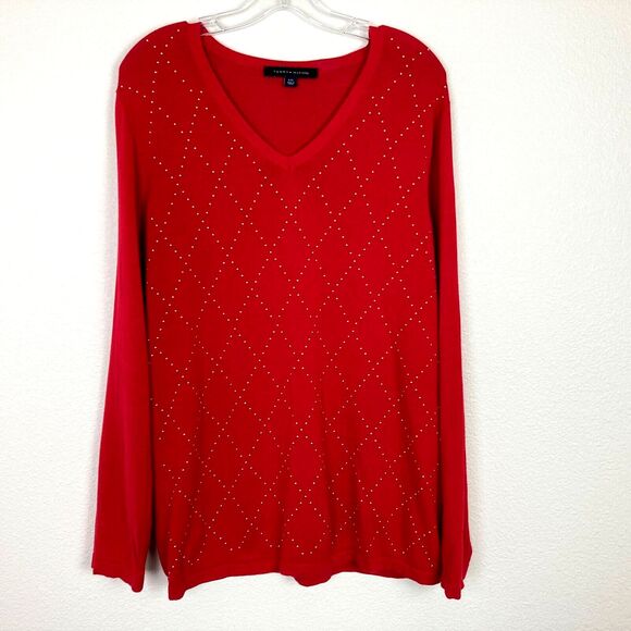 Tommy Hilfiger Sweater Women's Size L Red Gold Studs V-Neck Long Sleeve Holiday - Picture 1 of 5